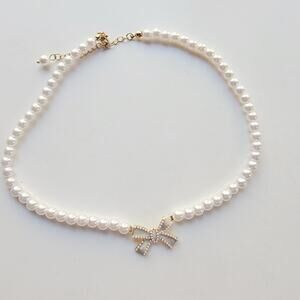 Faux Pearl Necklace With Bow Link And Gold Tone Extender Adjustable Clasp Chain
